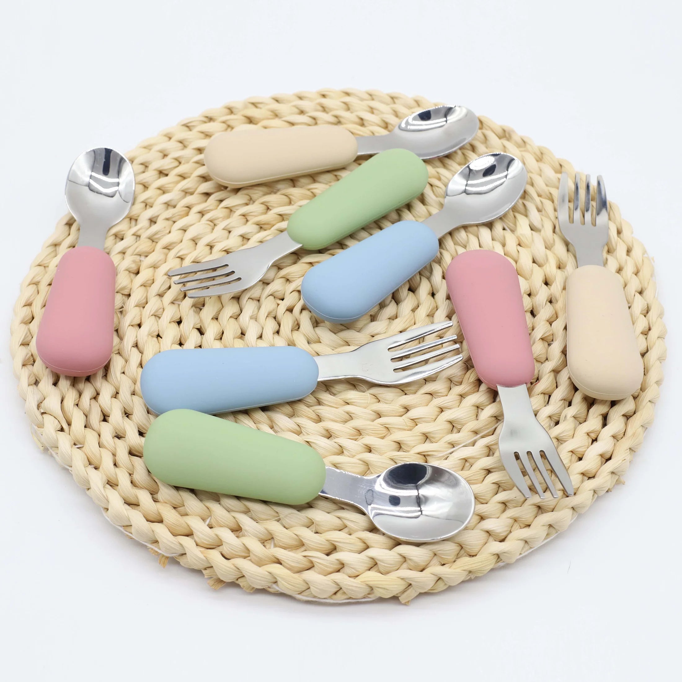 Silicone Stainless Steel Spoon Fork Food Grade 304 Stainless Steel Easy to Grip Silicone Handle Baby Food Feeding Spoon Fork