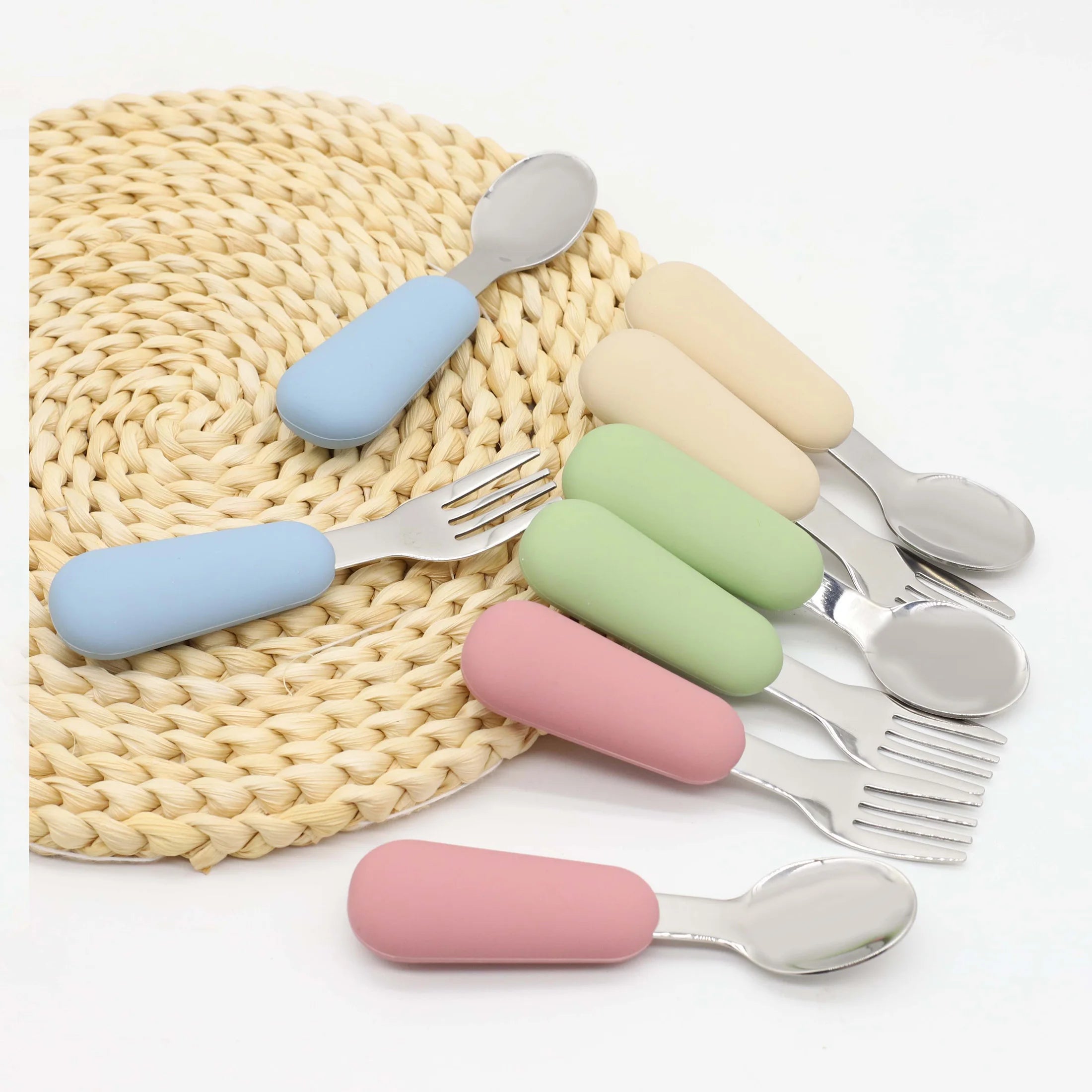 Silicone Stainless Steel Spoon Fork Food Grade 304 Stainless Steel Easy to Grip Silicone Handle Baby Food Feeding Spoon Fork