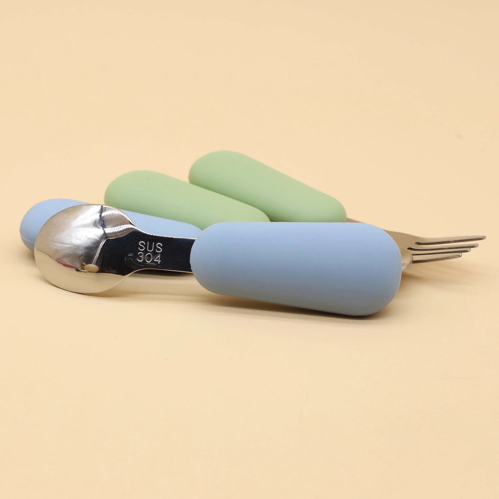 Silicone Stainless Steel Spoon Fork Food Grade 304 Stainless Steel Easy to Grip Silicone Handle Baby Food Feeding Spoon Fork