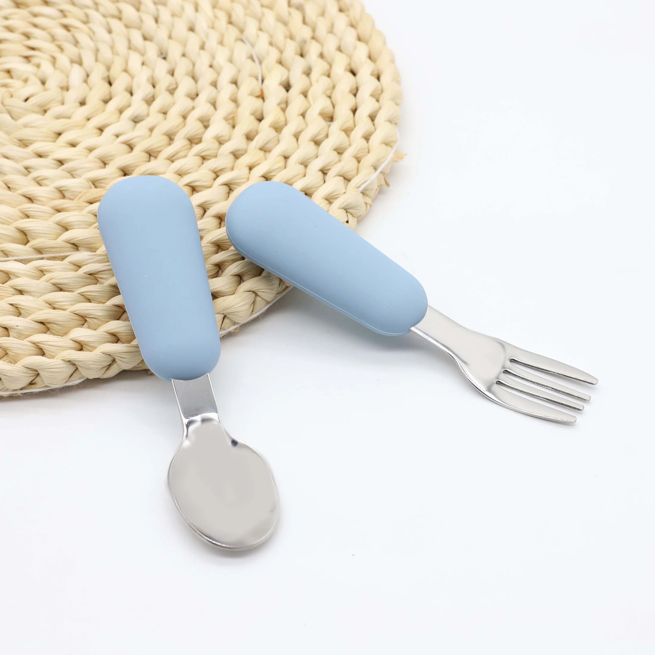 Silicone Stainless Steel Spoon Fork Food Grade 304 Stainless Steel Easy to Grip Silicone Handle Baby Food Feeding Spoon Fork