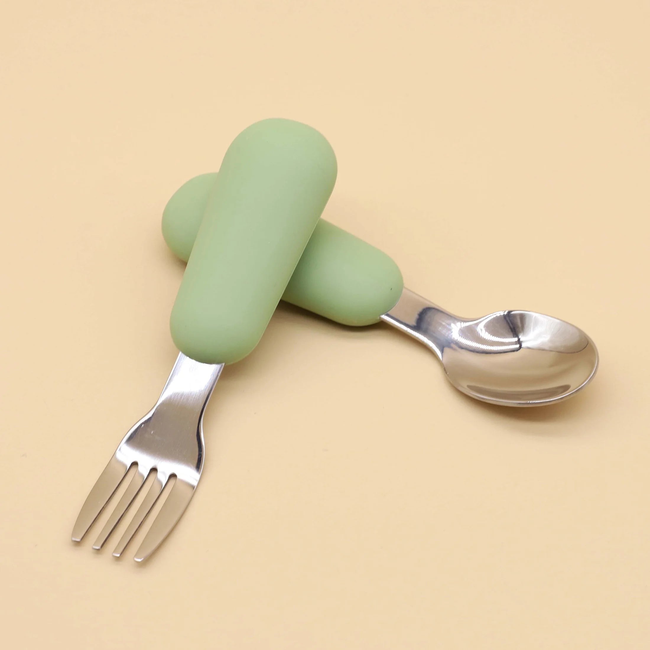 Silicone Stainless Steel Spoon Fork Food Grade 304 Stainless Steel Easy to Grip Silicone Handle Baby Food Feeding Spoon Fork